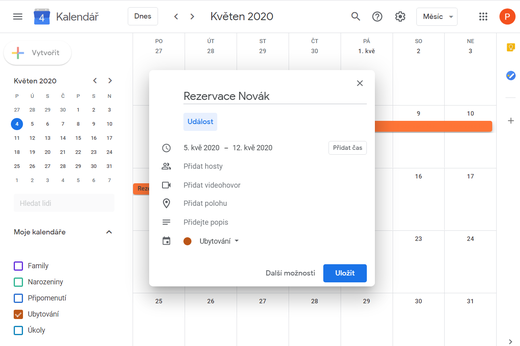 Nová událost v google kalendáři