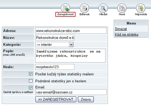 Registrace odkazu na toplist.cz