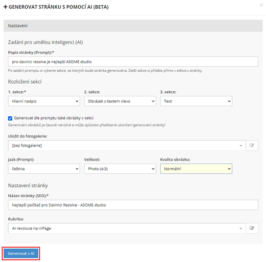 AI generování textů v inPage