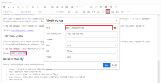 Aktivní odkaz telefonní číslo