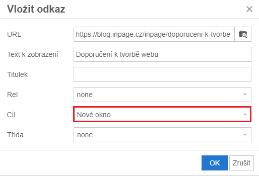 Doporučení pro nastavení odkazů v inPage