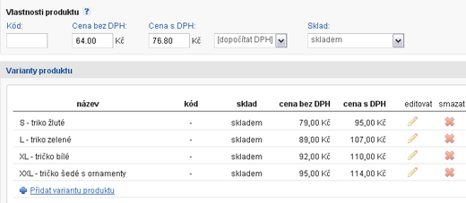 Nastavení variant produktu v eshopu