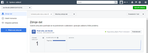 Facebok pixel aktivní ve zdroji dat