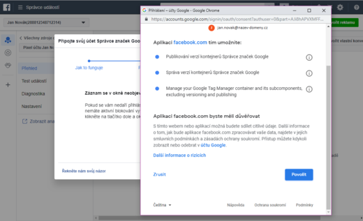Povolení propojení facebook pixelu s google tag managererm