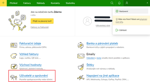 Fakturoid - nastavení uživatele