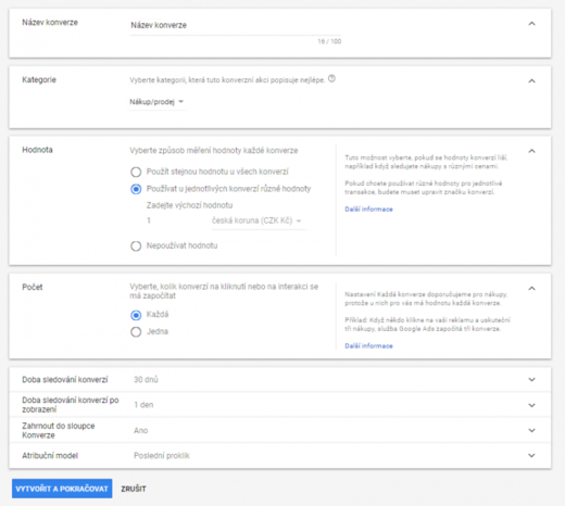Google Ads - nastavení konverze