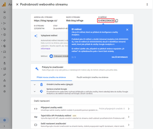 Podrobnosti webového streamu Google Analytics