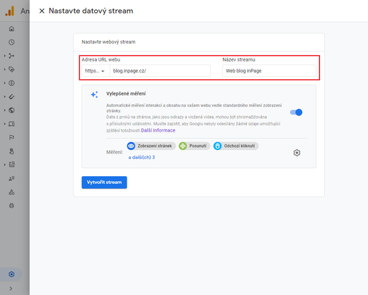 Nastavení adresy datového streamu Google Analytics