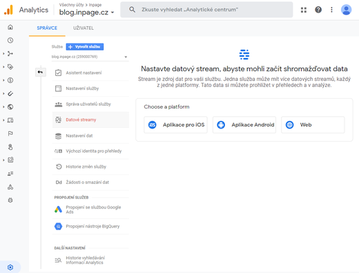 Nastavení webového streamu Google Analytics