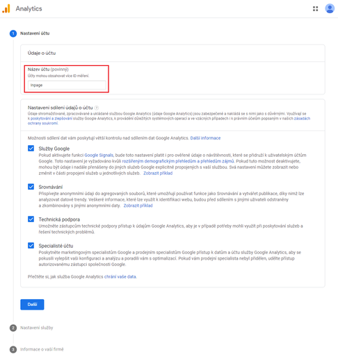 Nastavení účtu v Google Analytics
