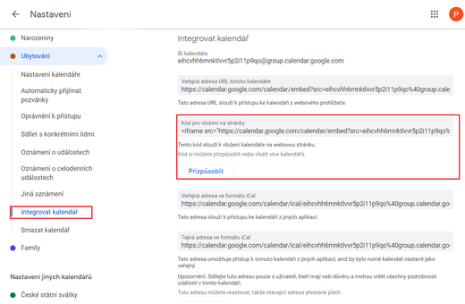 Integrace google kalendáře