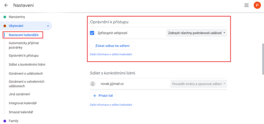 Nastavení oprávnění google kalendáře