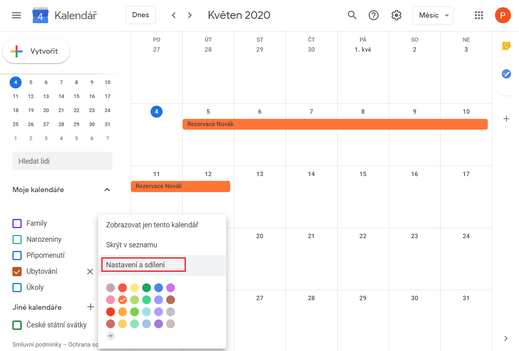 Nastavení a sdílení google kalendáře