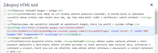 Vložení kódu google kalendáře do inPage