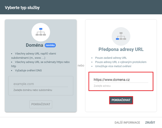 Zadání adresy webu v google search console