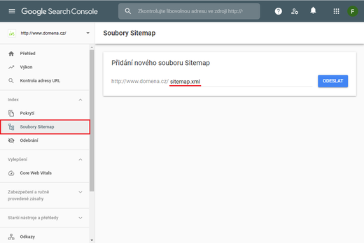 přidání sitemap v google search console