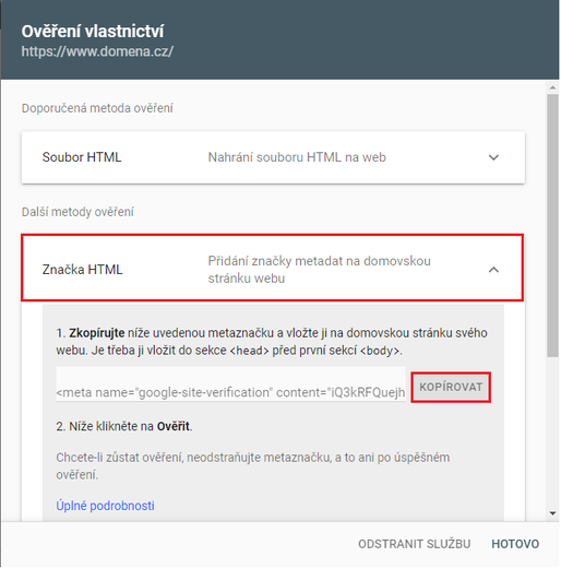 Ověření vlastnictví v google search console