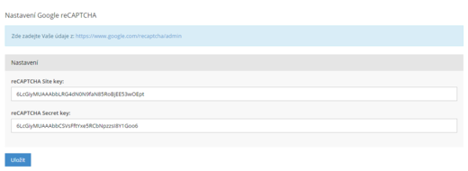 vyplnění klíčů reCaptchi