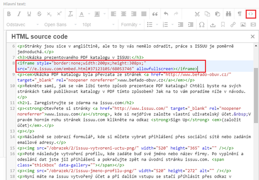 Vložení HTML kódu do stránky v administraci inPage