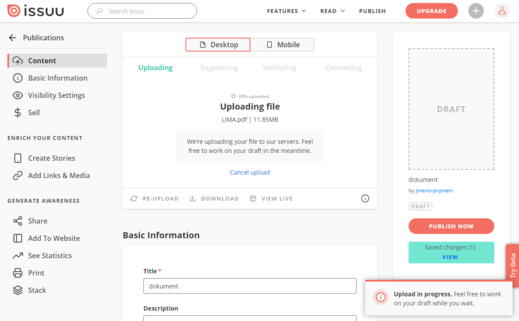 Probíhající nahrávání dokumentu do issuu.com