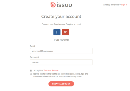 Vytvoření účtu na webu issuu.com
