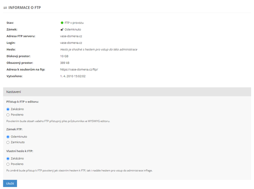 Informace o FTP - Můj účet