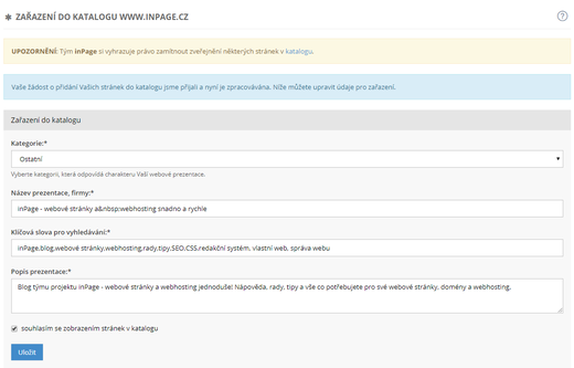 Můj účet - Zařazení do katalogu inPage