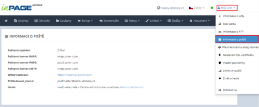 Informace o poště - Nastavení e-mailové schránky
