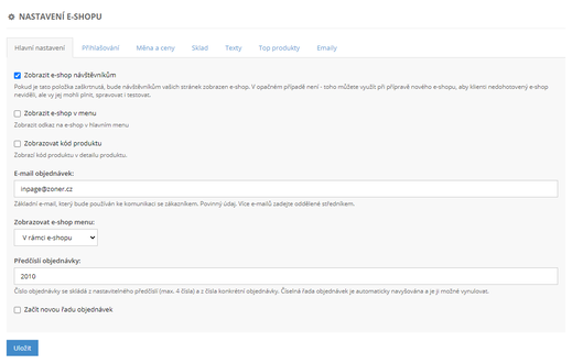 Hlavní nastavení e-shopu v inPage