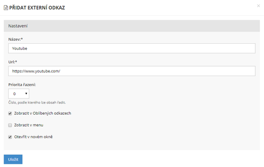 Okno pro přidání odkazu - Nastavení menu a externích odkazů