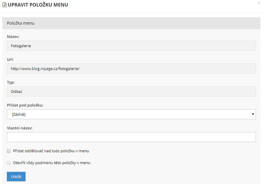 Úprava položky menu - Nastavení menu a externích odkazů