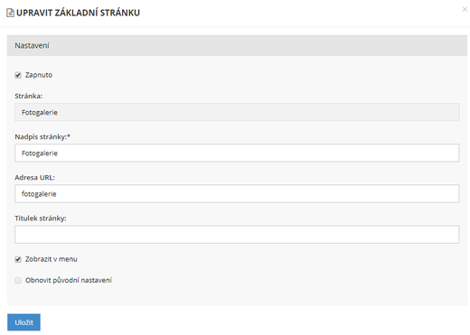 Úprava základní stránky - Nastavení webu