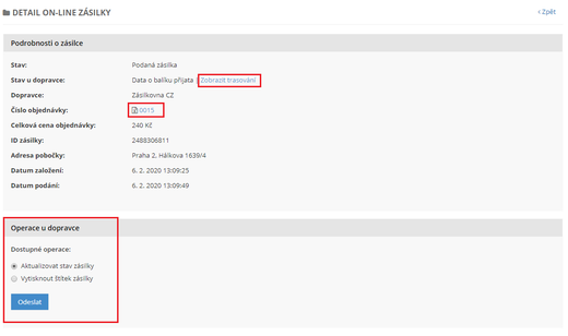Detail online zásilky v inPage