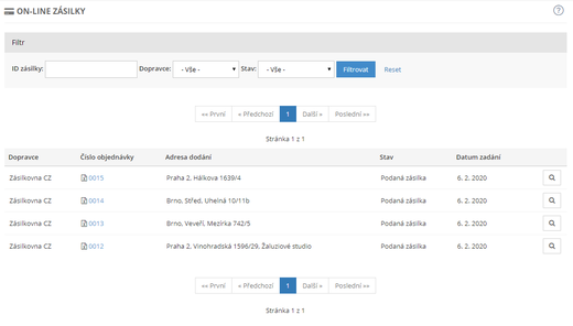 Seznam online zásilek v inPage