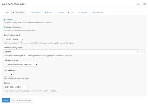 Nastavení fotogalerie - Práce s obrázky a fotogalerií