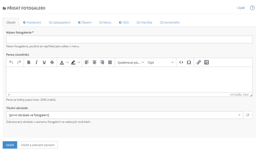 Přidání fotogalerie záložka obsah
