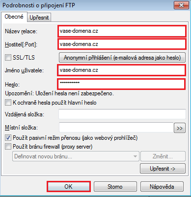 Podrobnosti o připojení - Práce s FTP 