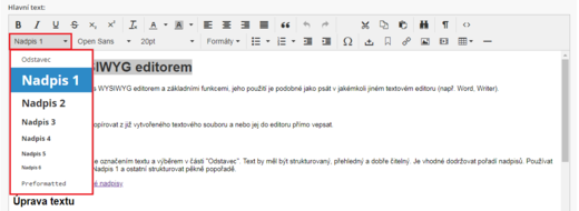 Práce s WYSIWYG editorem - Nadpisy