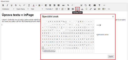 Práce s WYSIWYG editorem - vložení speciálního znaku