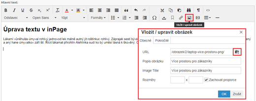 Práce s WYSIWYG editorem - vložení obrázku