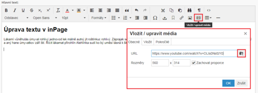 Práce s WYSIWYG editorem - vložení videa