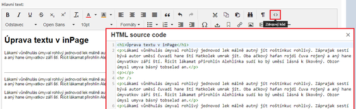 Práce s WYSIWYG editorem - zobrazení zdrojového kódu