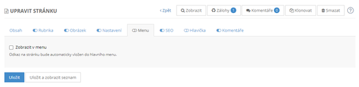Práce se stránkami - nastavení do menu