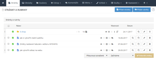 Práce se stránkami - správa stránek