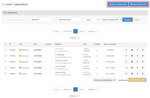 Export objednávek do .csv v e-shopu inPage