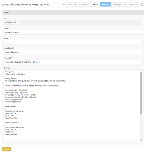 Odeslání objednávky zákazníkovi v e-shopu inPage