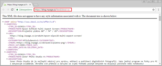 Náhled a URL adresa XML feedu v e-shopu inPage