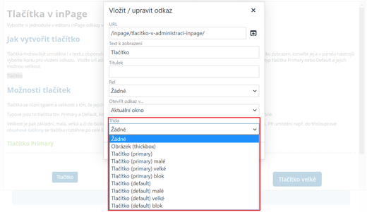 Výběr tlačítka v inPage