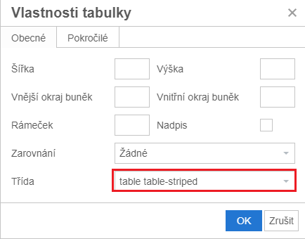 Nastavení vzhledu tabulky ve vlastnostech 