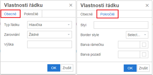 Vlastností řádků tabulky